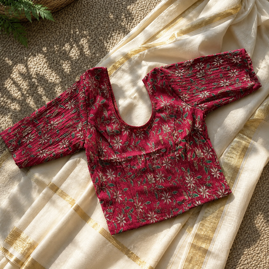 Floral Red Stretchable Festive Blouse | Ready-to-Wear Blouse