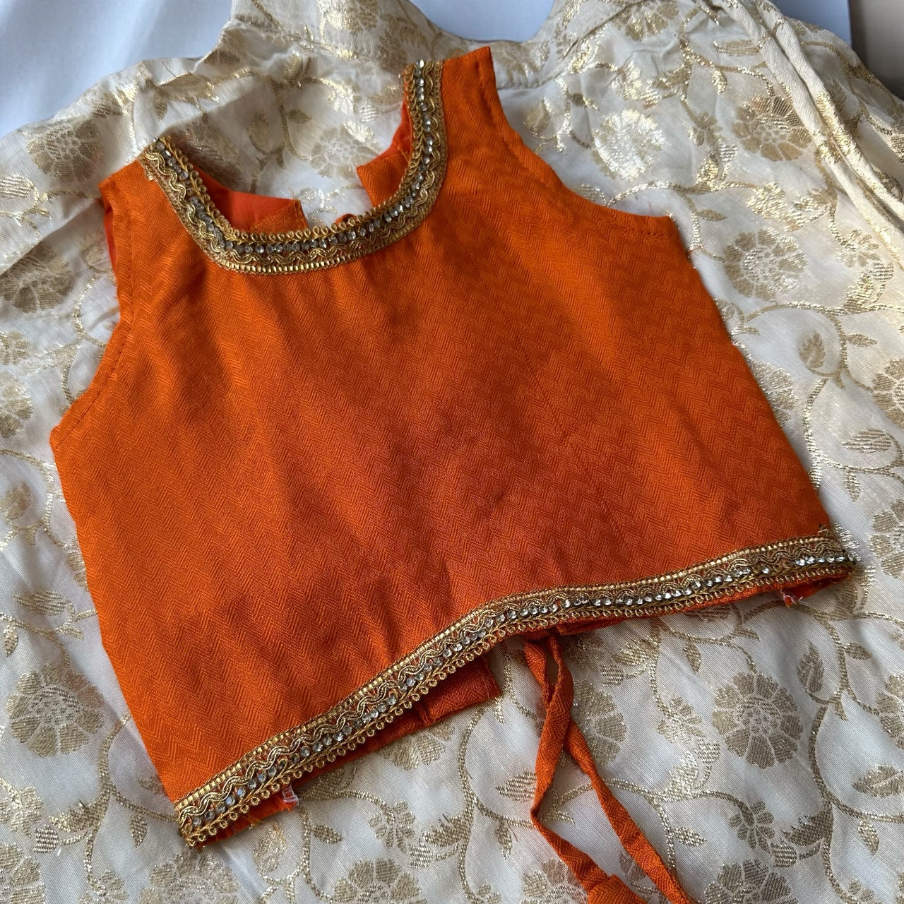 Cream & Gold Umbrella Skirt with Textured Orange Blouse