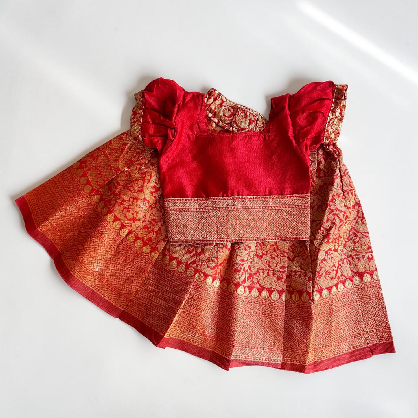 Red and Orange Banarasi Girls Pattu Pavada Set