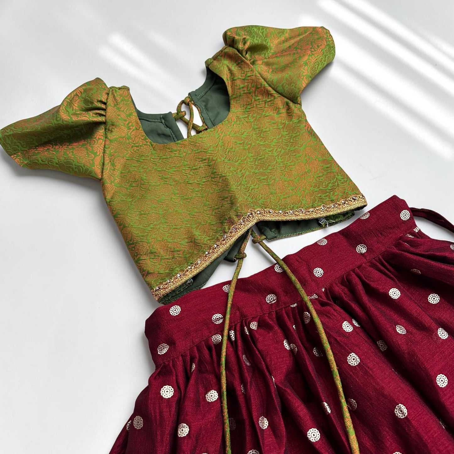 Deep Maroon Pavada with Green Brocade Puff Sleeve Top