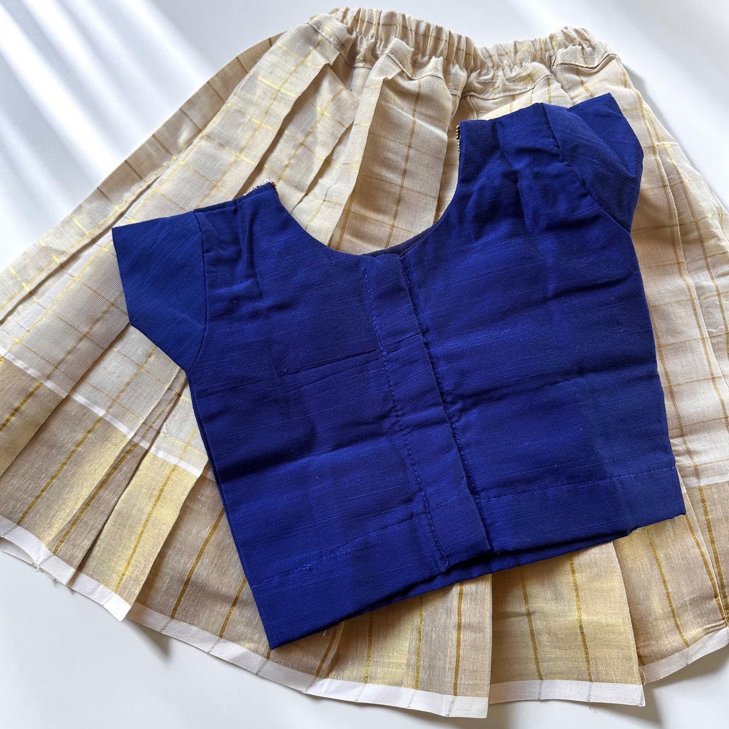 Premium Handwork Blue Blouse with Kasavu Skirt Set