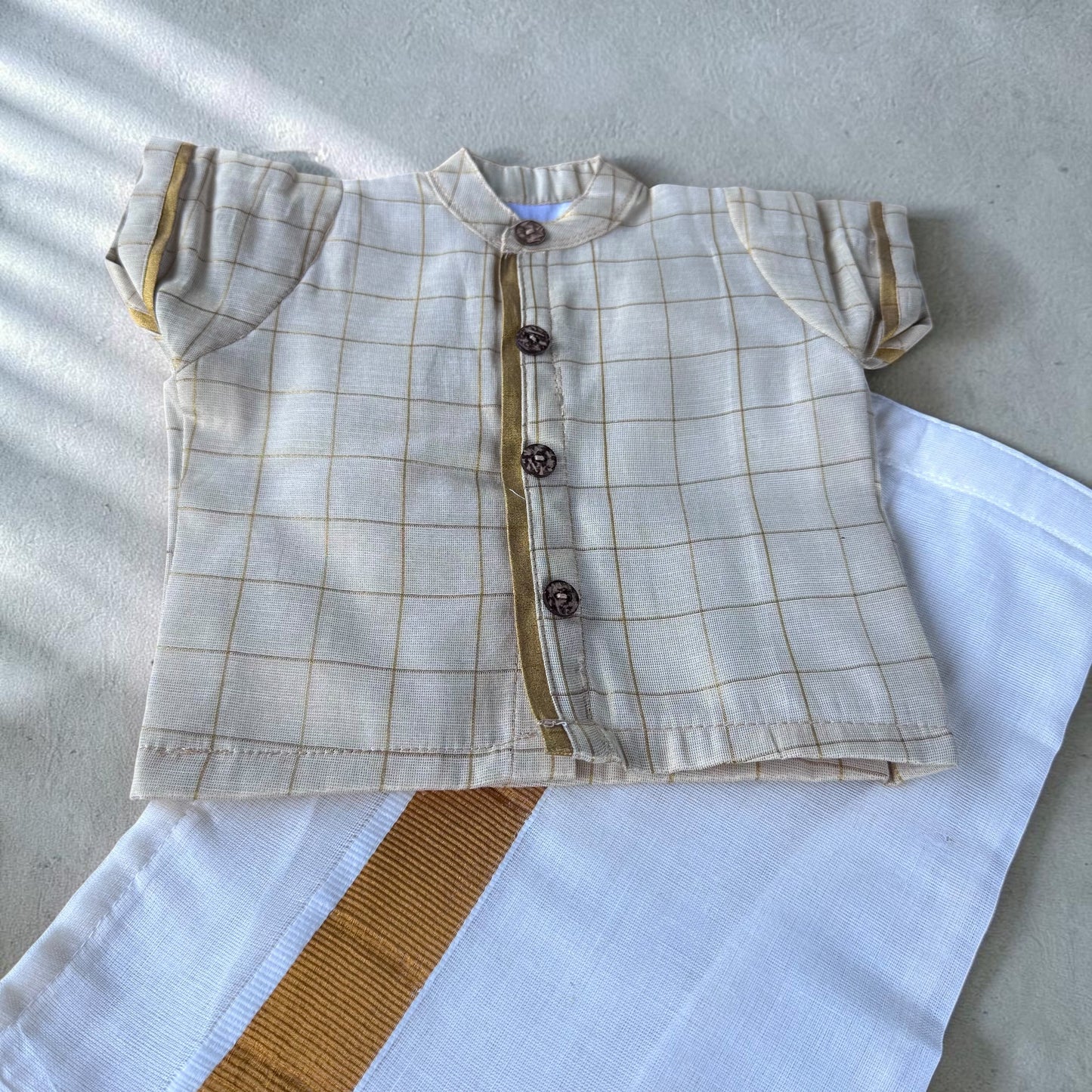 Checkered Baby Shirt and Kasavu Mundu Set