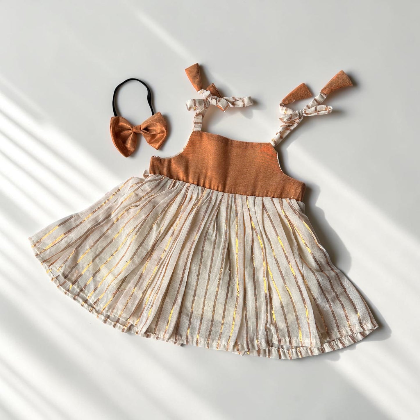 5-in-1 Set: Bronze Gold Striped Dress with Headband
