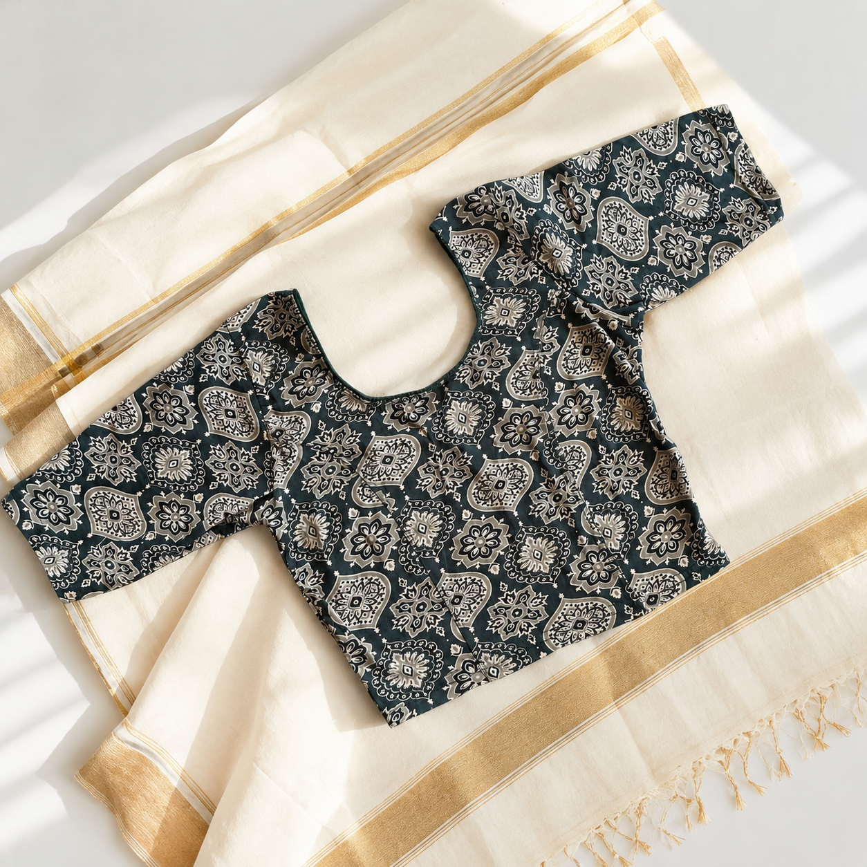 Bottle Green Ajrakh Stretchable Cotton Blouse | Ready-to-Wear Saree Blouse