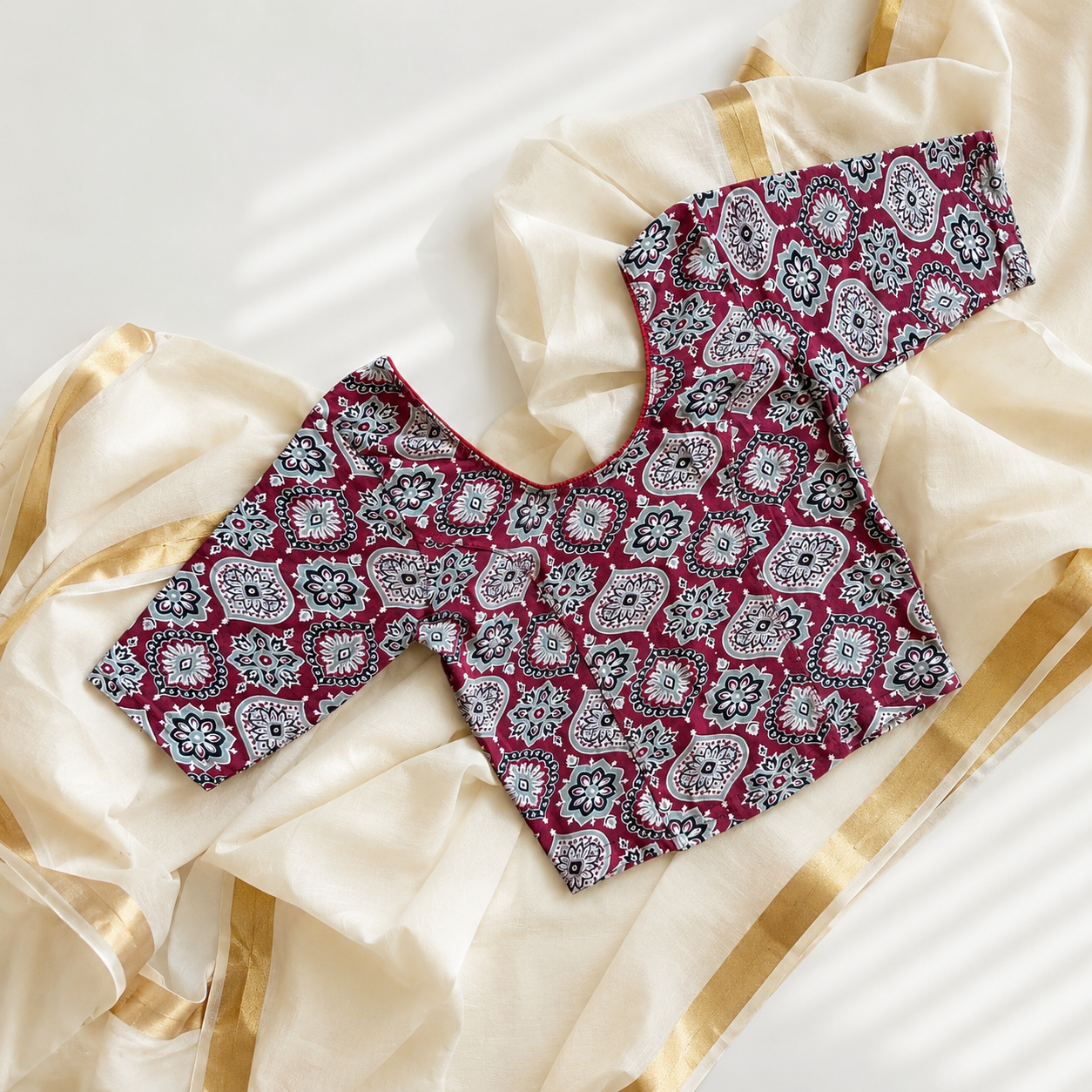 Maroon Ajrakh Stretchable Cotton Blouse | Ready-to-Wear Saree Blouse