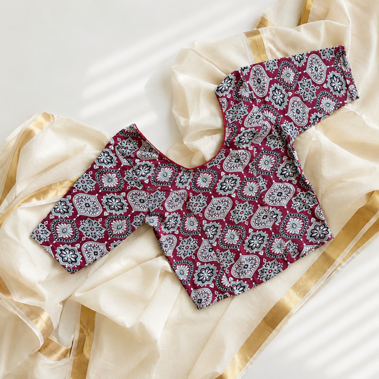 Maroon Ajrakh Stretchable Cotton Blouse | Ready-to-Wear Saree Blouse