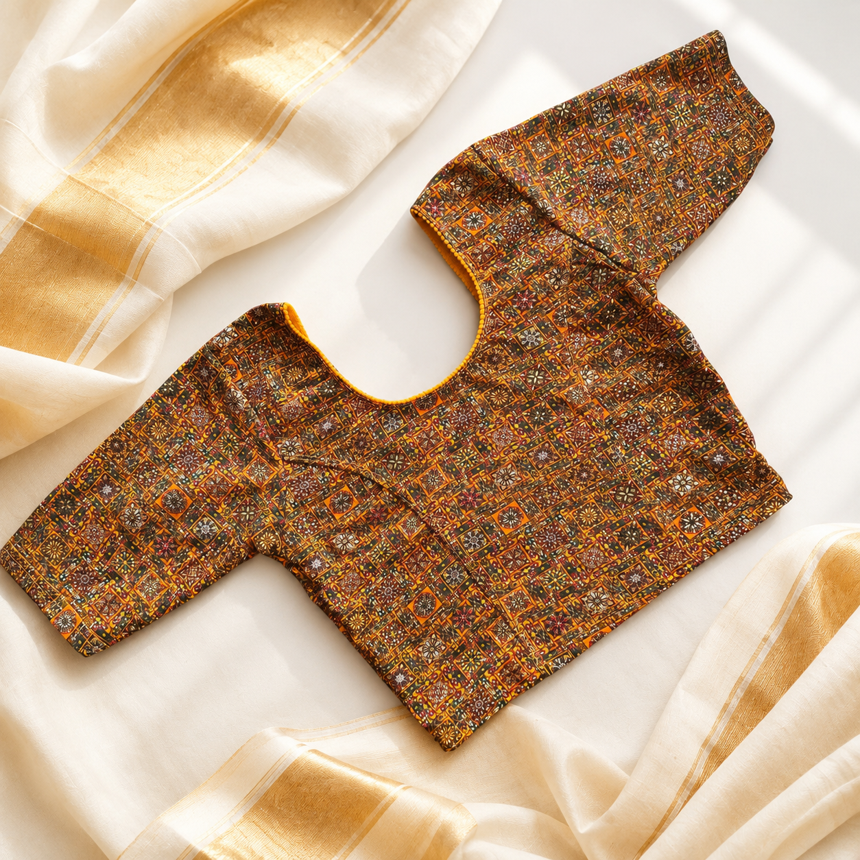 Mustard Mosaic Stretchable Cotton Blouse | Ready-to-Wear Saree Blouse