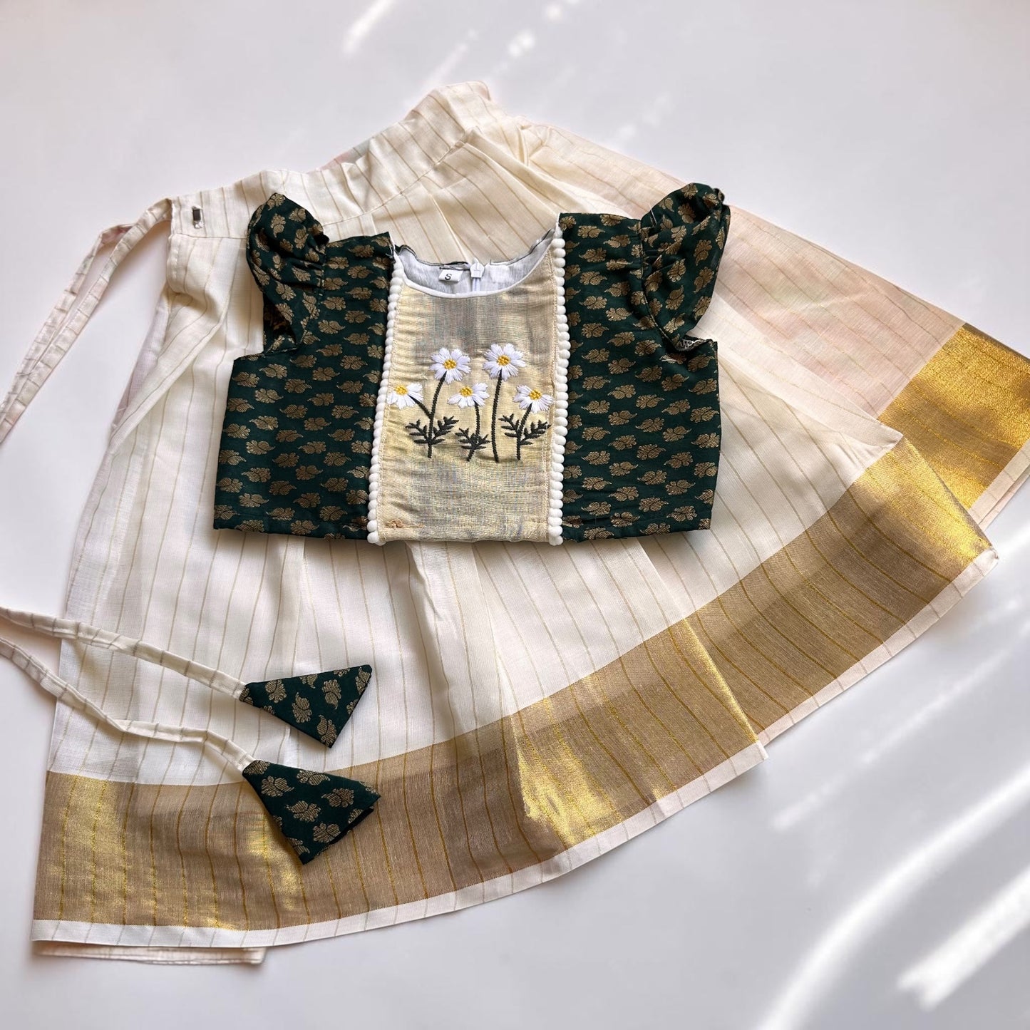 Bottle Green Daisy Embroidered Pattu Pavada Set