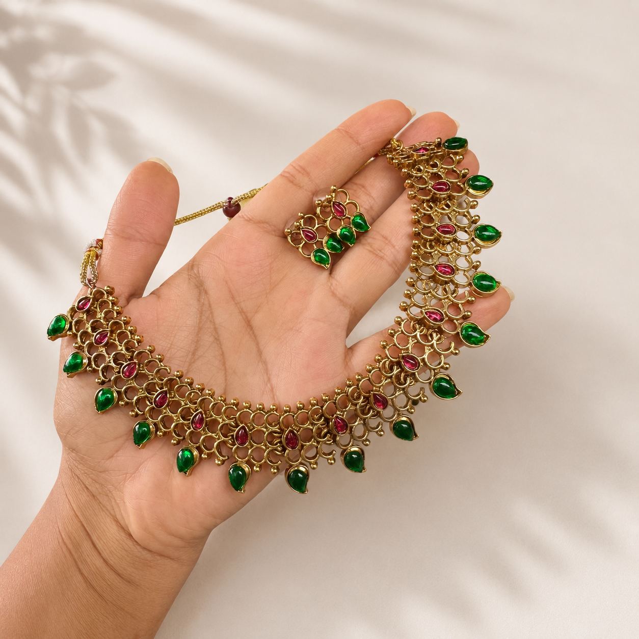 Green Traditional Choker Necklace with Earring Set