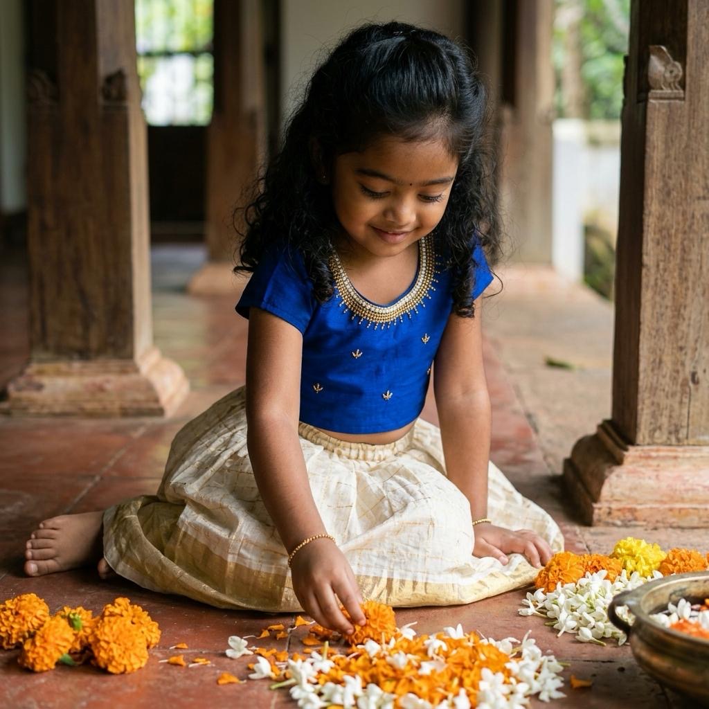 Premium Handwork Blue Blouse with Kasavu Skirt Set