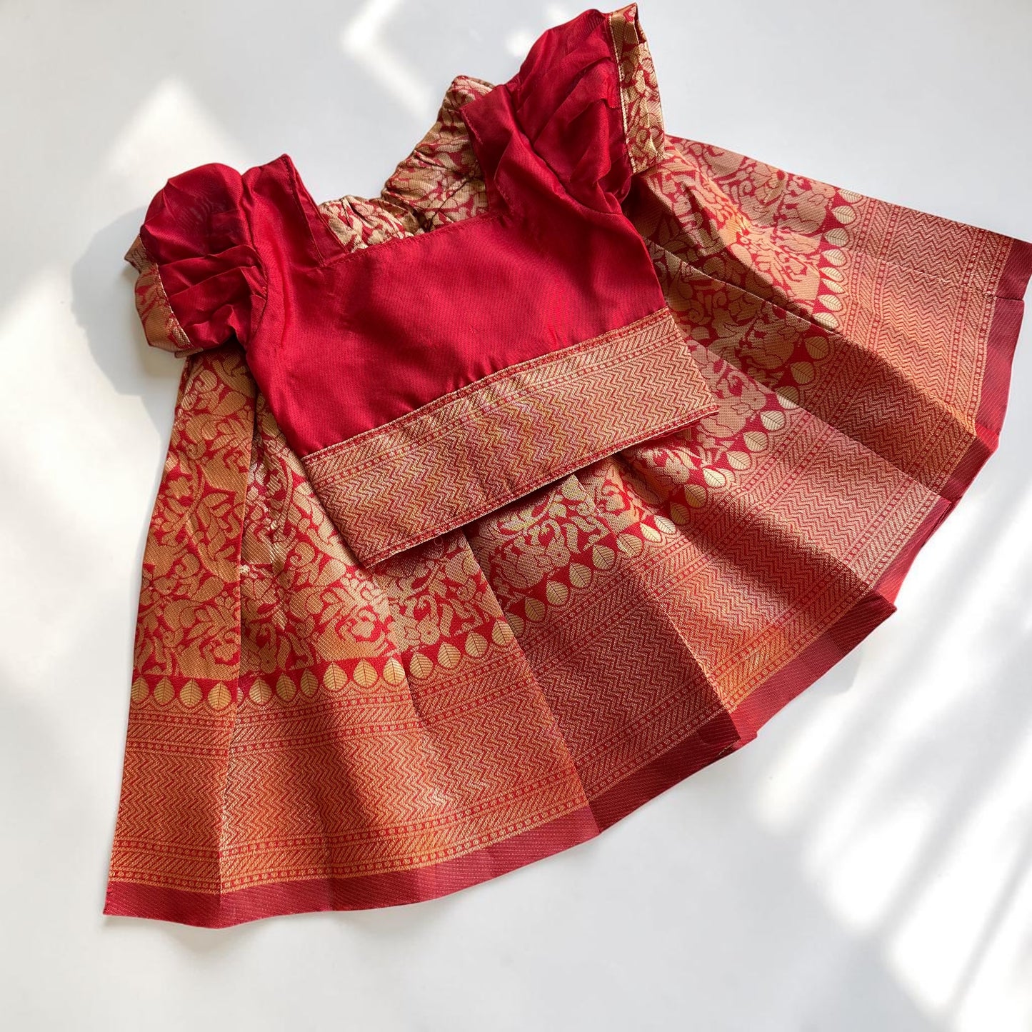 Red and Orange Banarasi Girls Pattu Pavada Set
