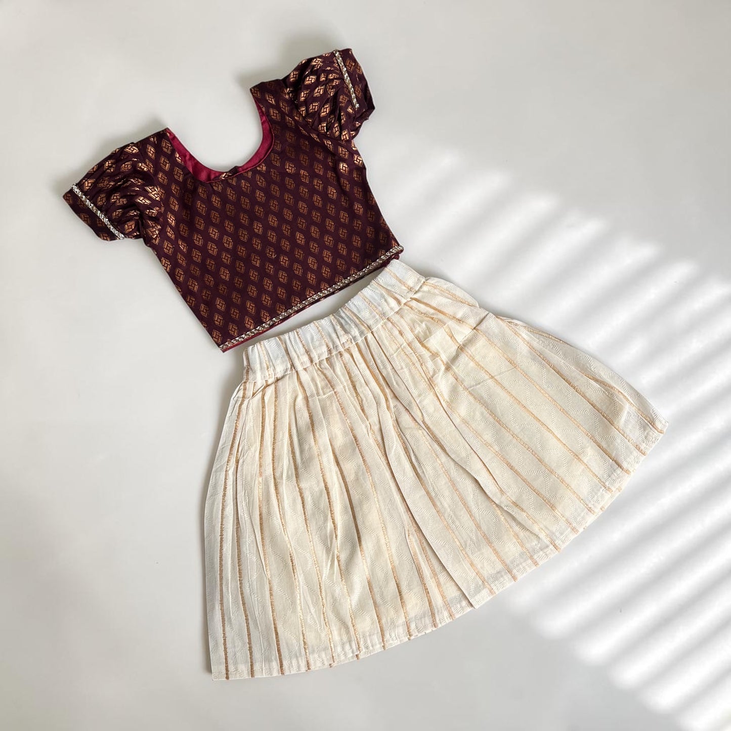 Brown Cotton Brocade and White Baby Skirt and Top Set