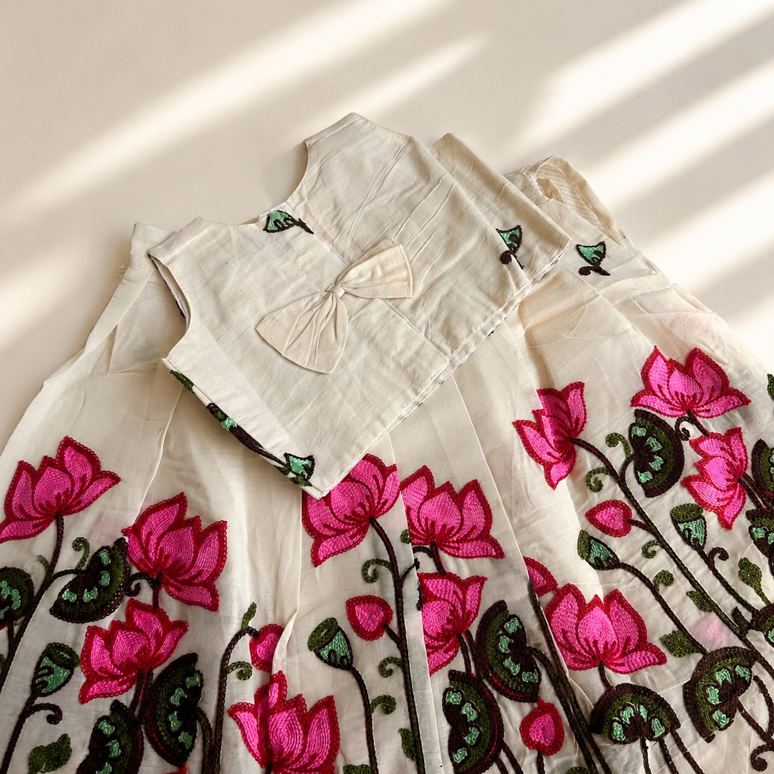 Lotus Embroidery Cotton Girls Skirt and Top Set
