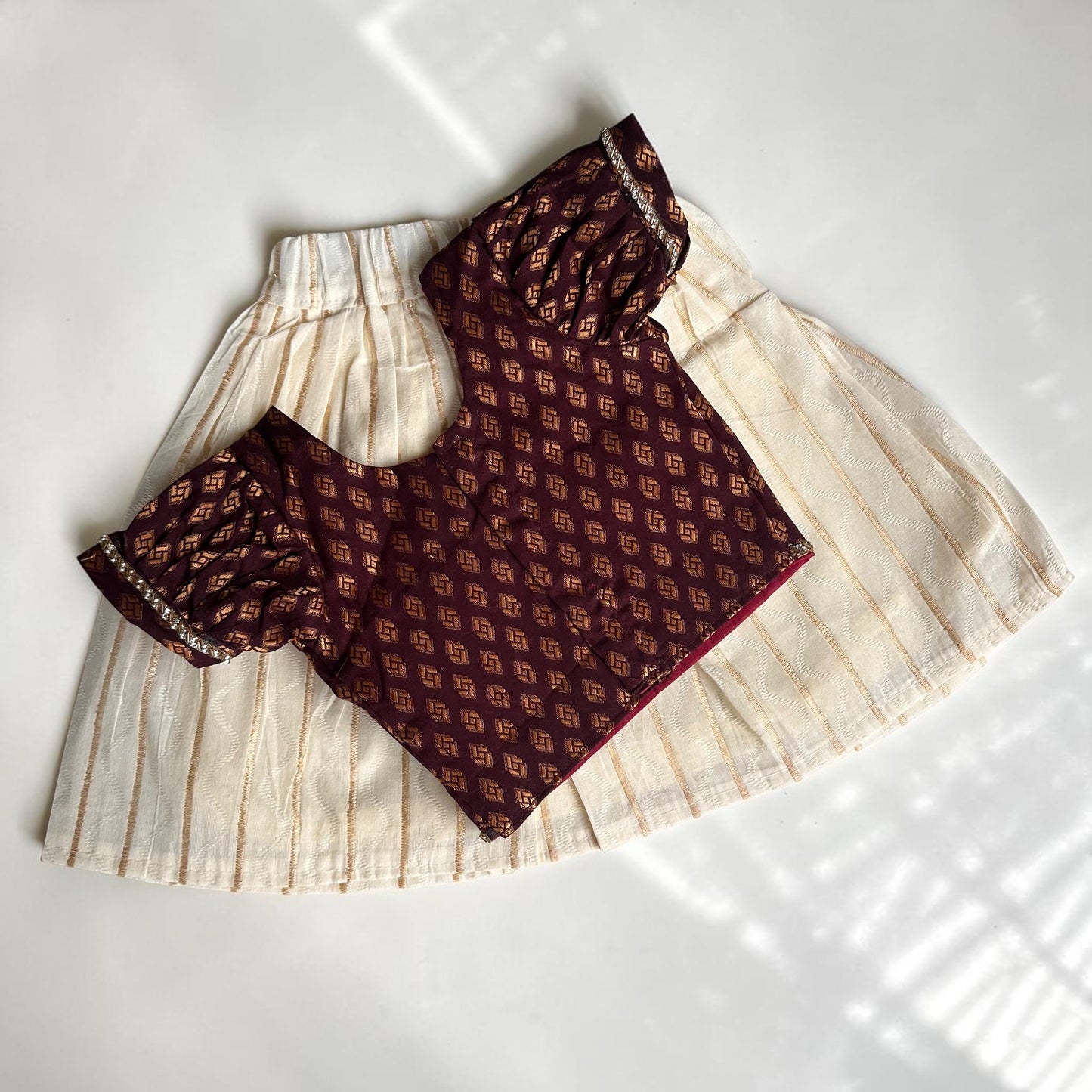 Brown Cotton Brocade and White Baby Skirt and Top Set