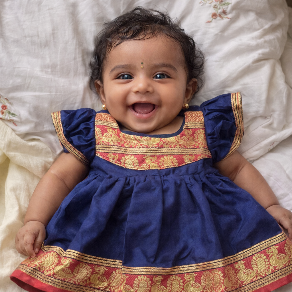 Navy Blue & Red Kasavu Pattu Frock Set