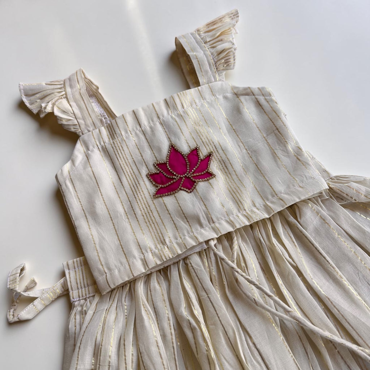 Ivory Gold Striped Pattu Pavada Set with Lotus Detail