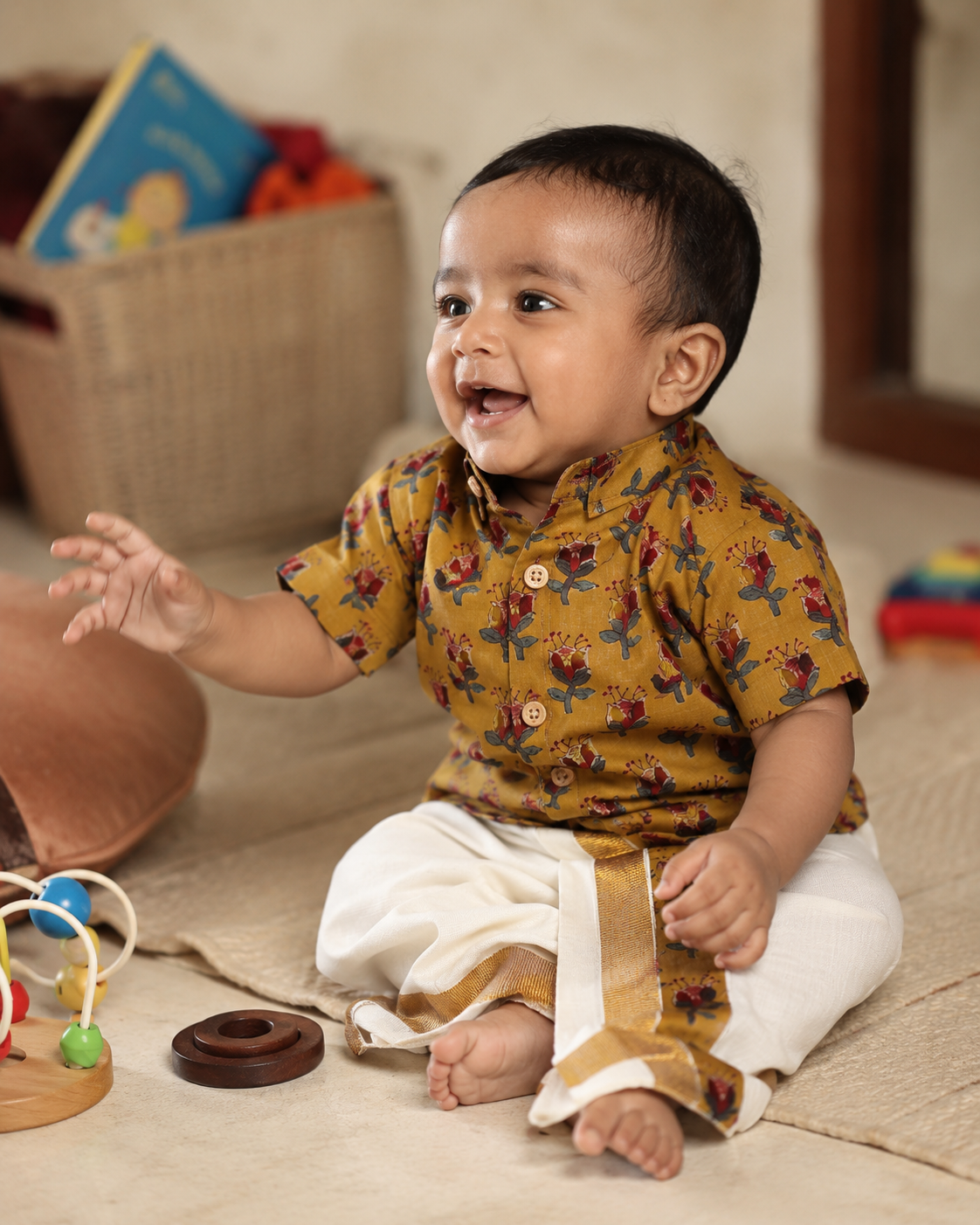 Yellow Ajrakh Print Baby Shirt and Mundu Set