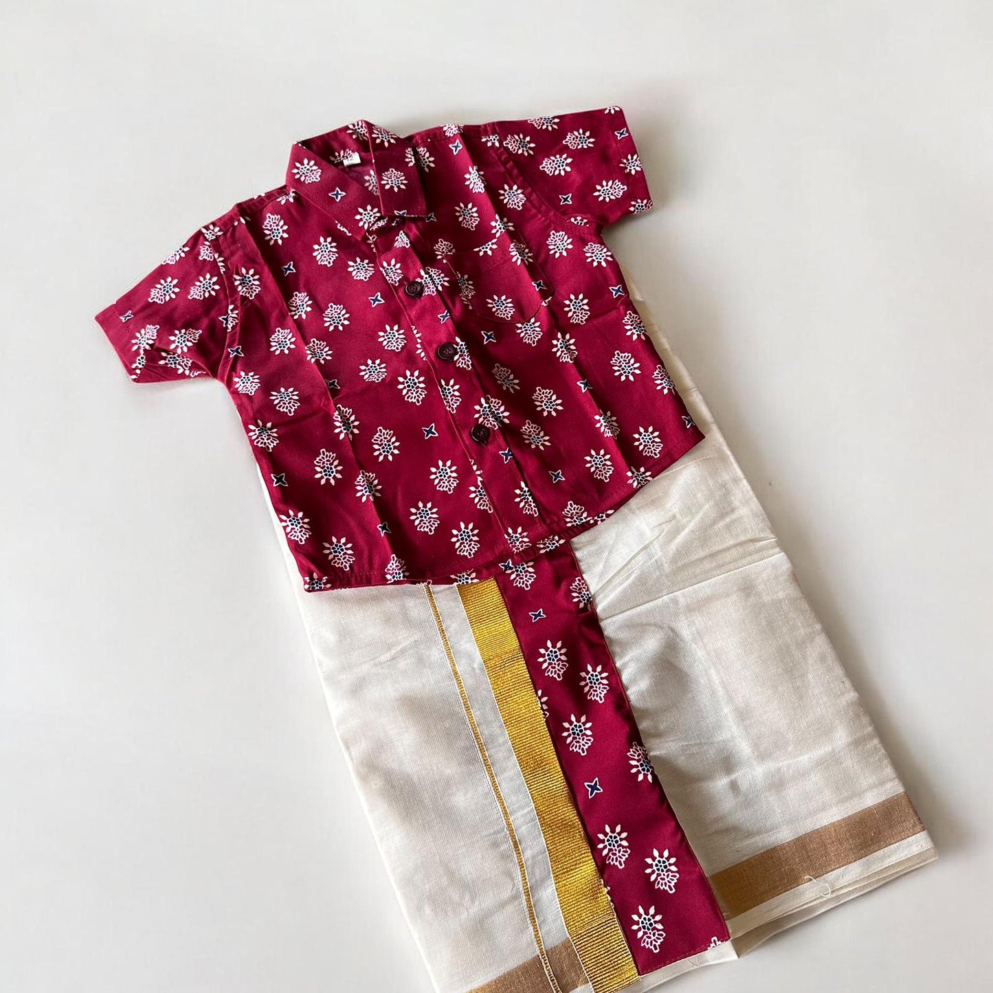 Festive Red Print Shirt & Kasavu Mundu Set