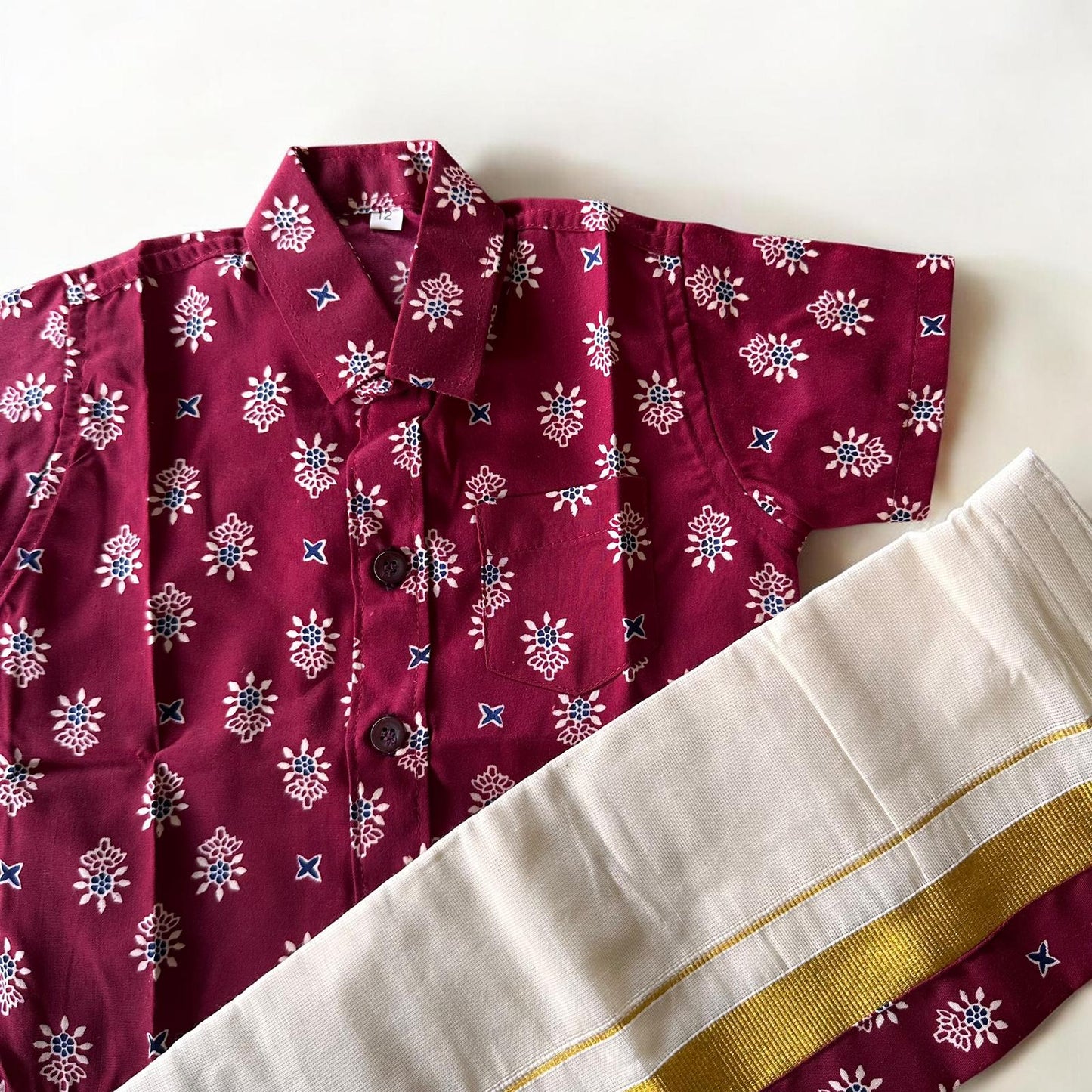 Festive Red Print Shirt & Kasavu Mundu Set
