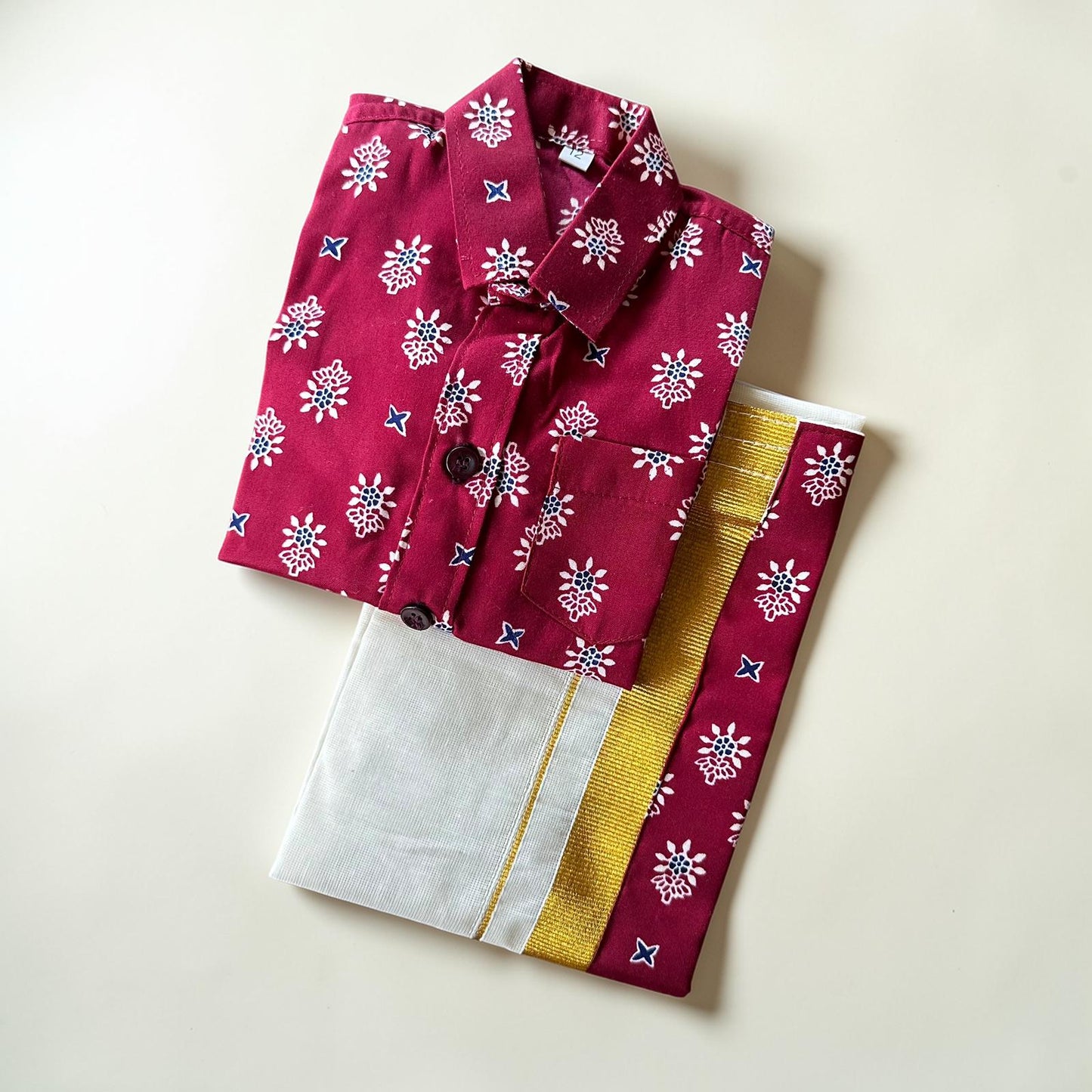 Festive Red Print Shirt & Kasavu Mundu Set
