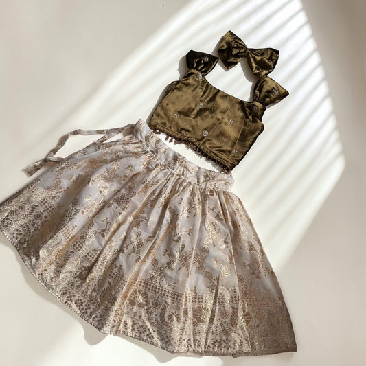 Olive Velvet Top & Gold Traditional Skirt Set