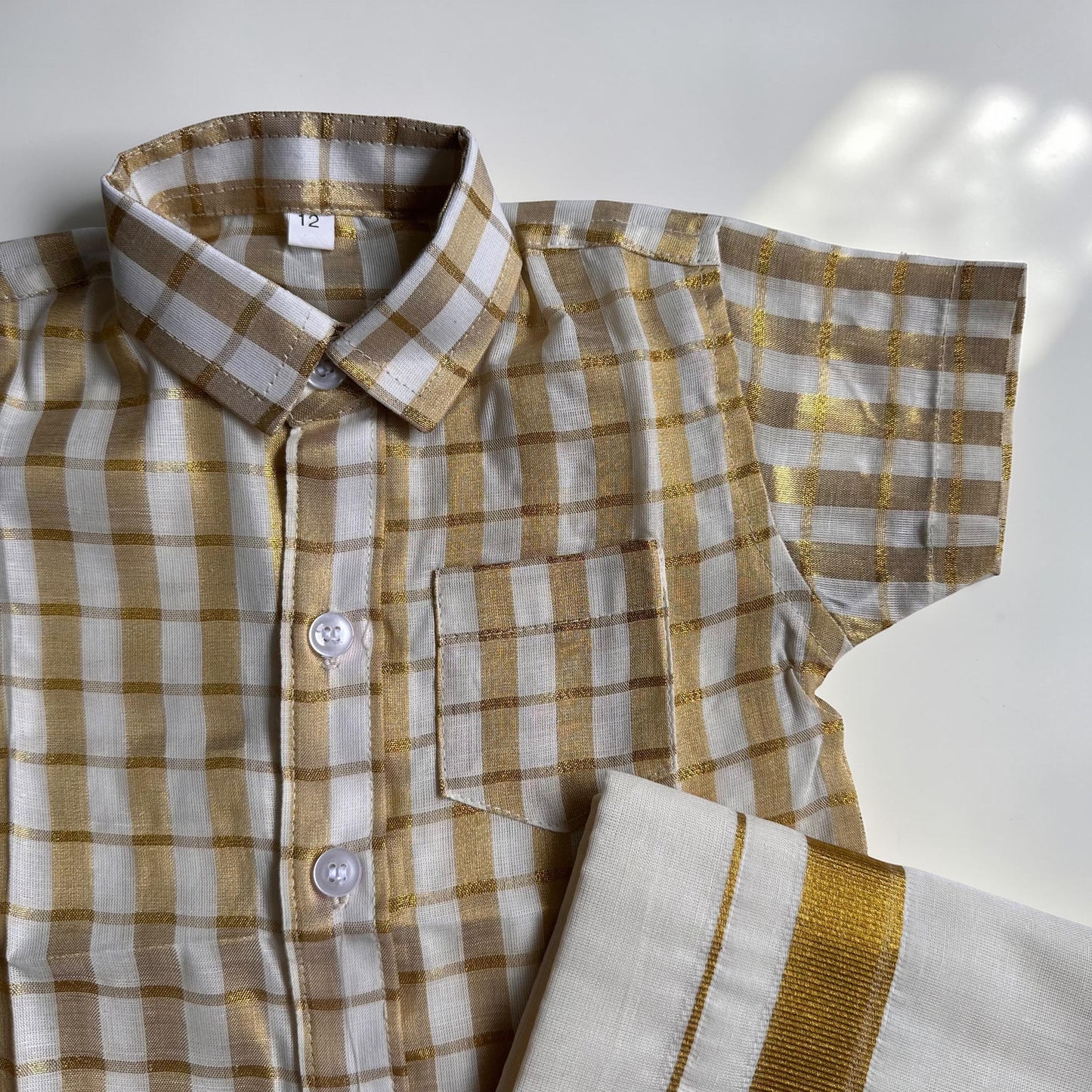 Gold Checkered Shirt & Kasavu Mundu Set