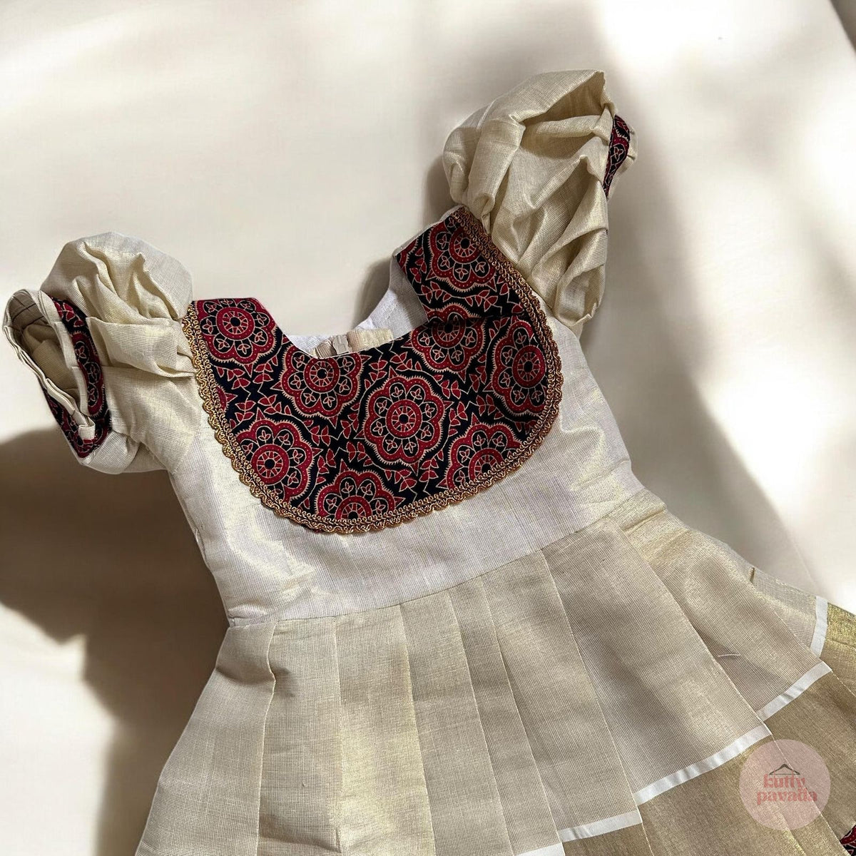 Ajrakh Border Kasavu Frock