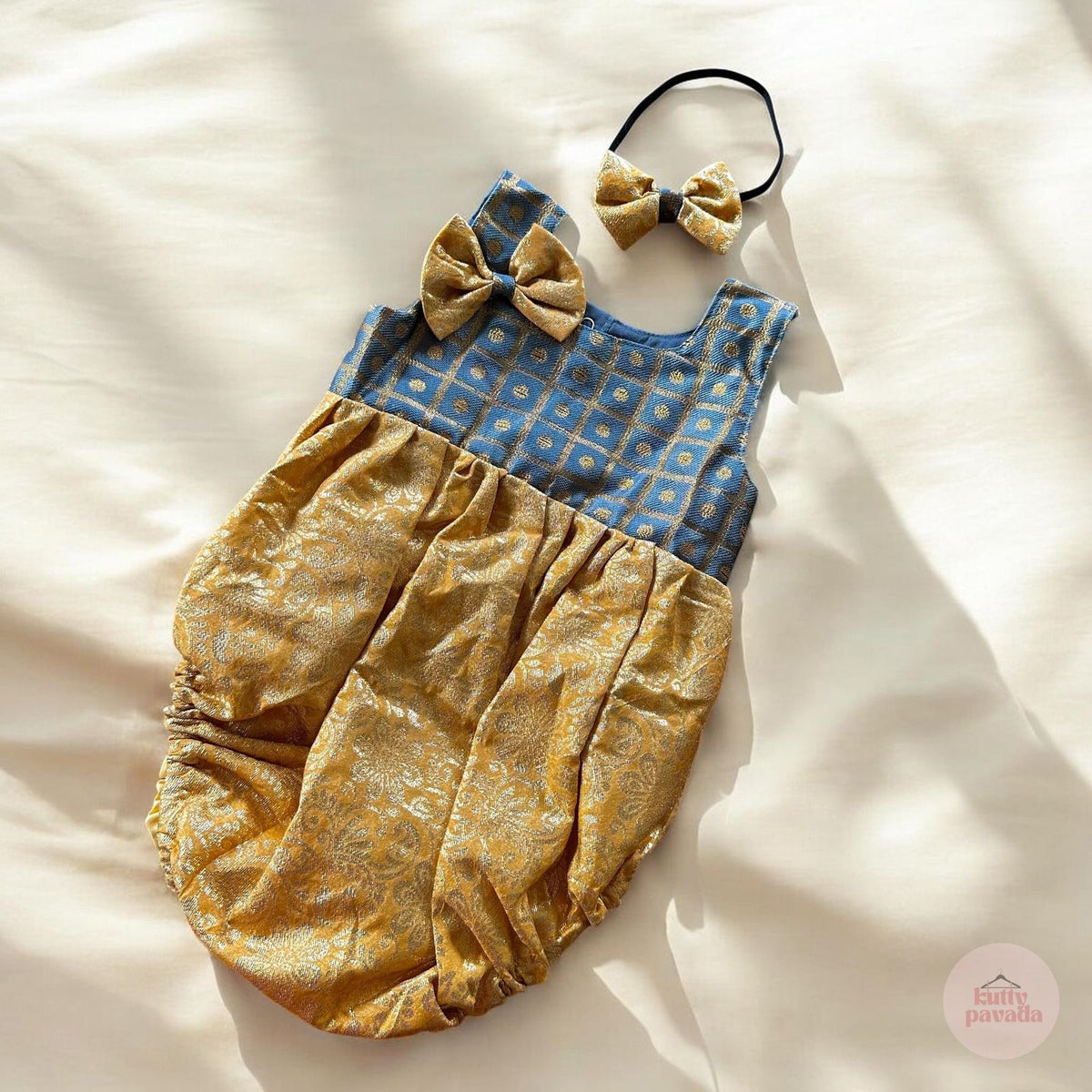 Golden Brocade Baby Romper Set with Matching Bow