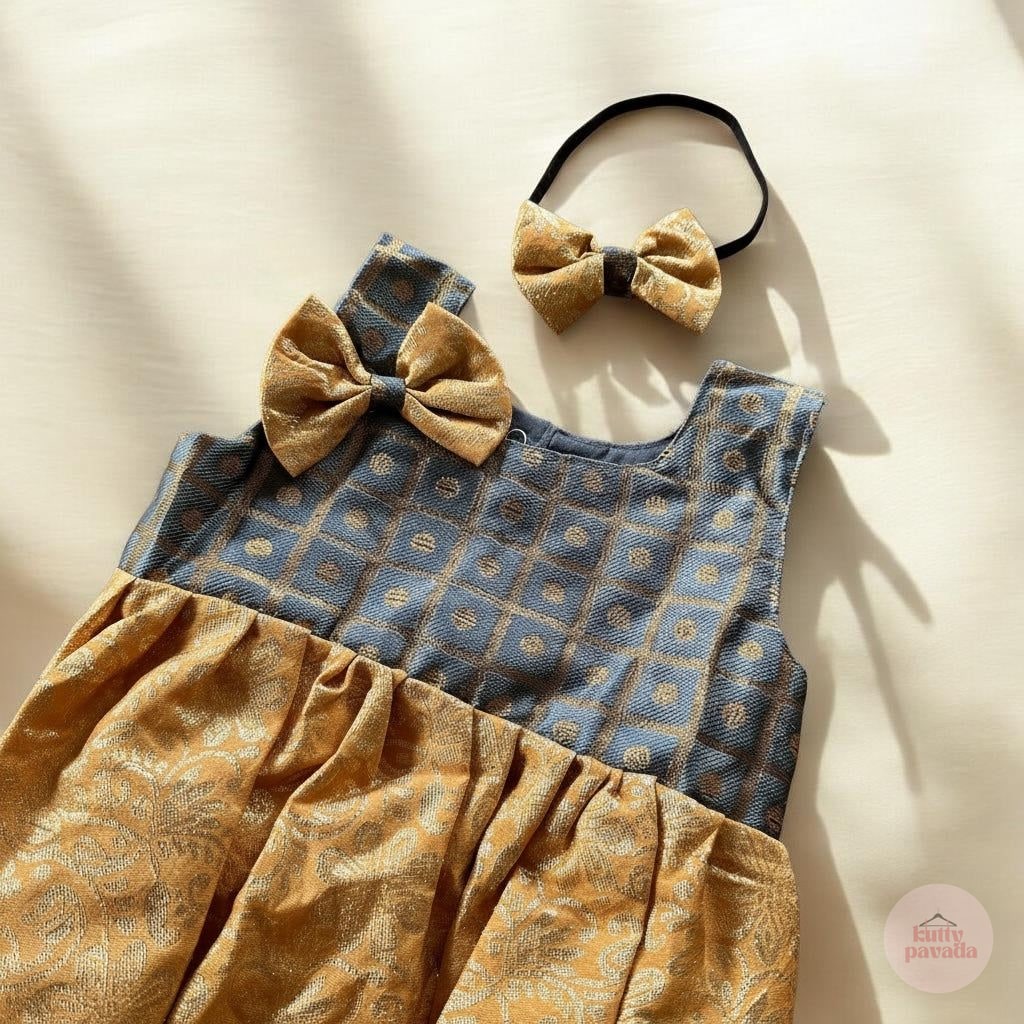 Golden Brocade Baby Romper Set with Matching Bow