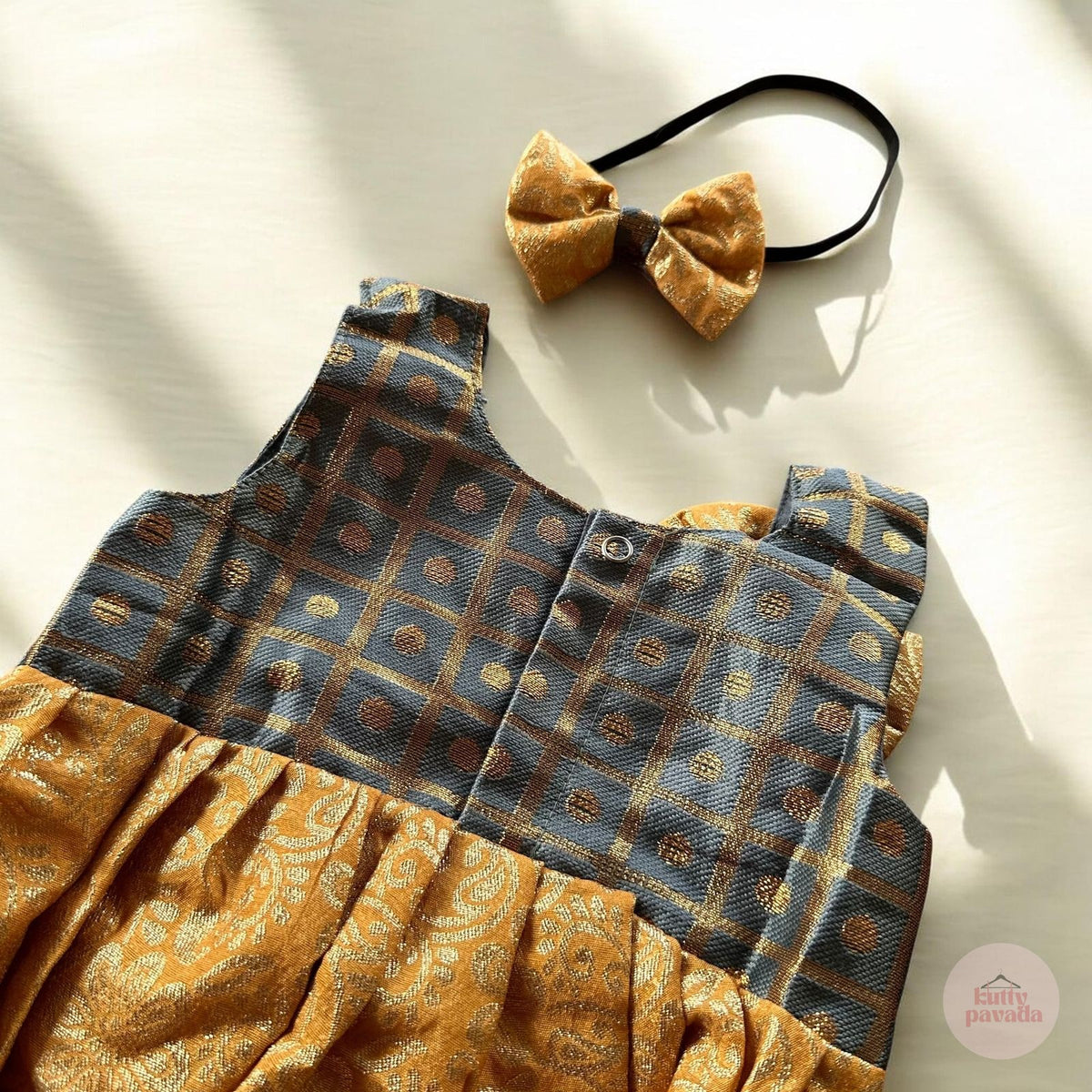 Golden Brocade Baby Romper Set with Matching Bow