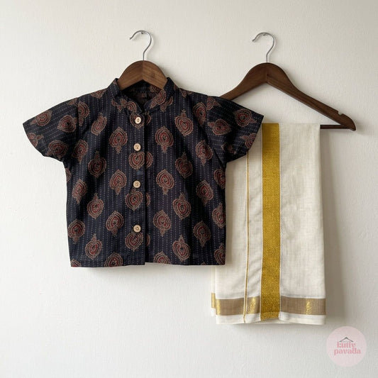 Black Block Print Shirt and Kasavu Mundu Set