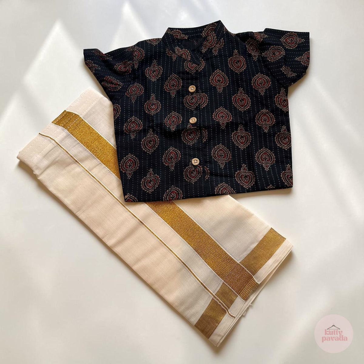 Black Block Print Shirt and Kasavu Mundu Set