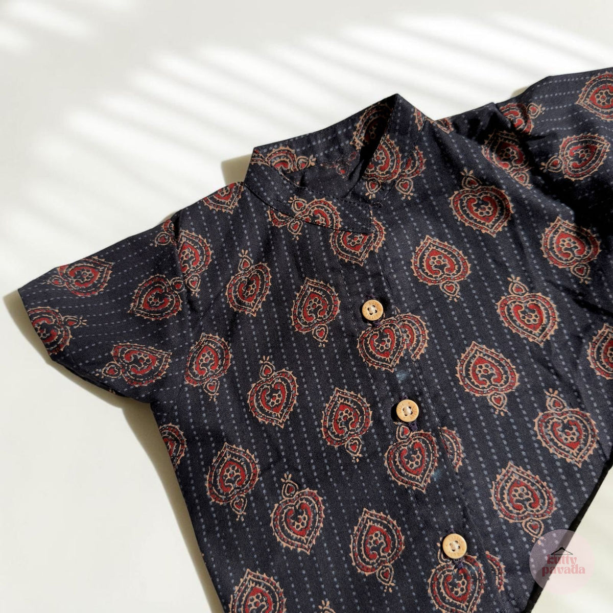 Black Block Print Shirt and Kasavu Mundu Set