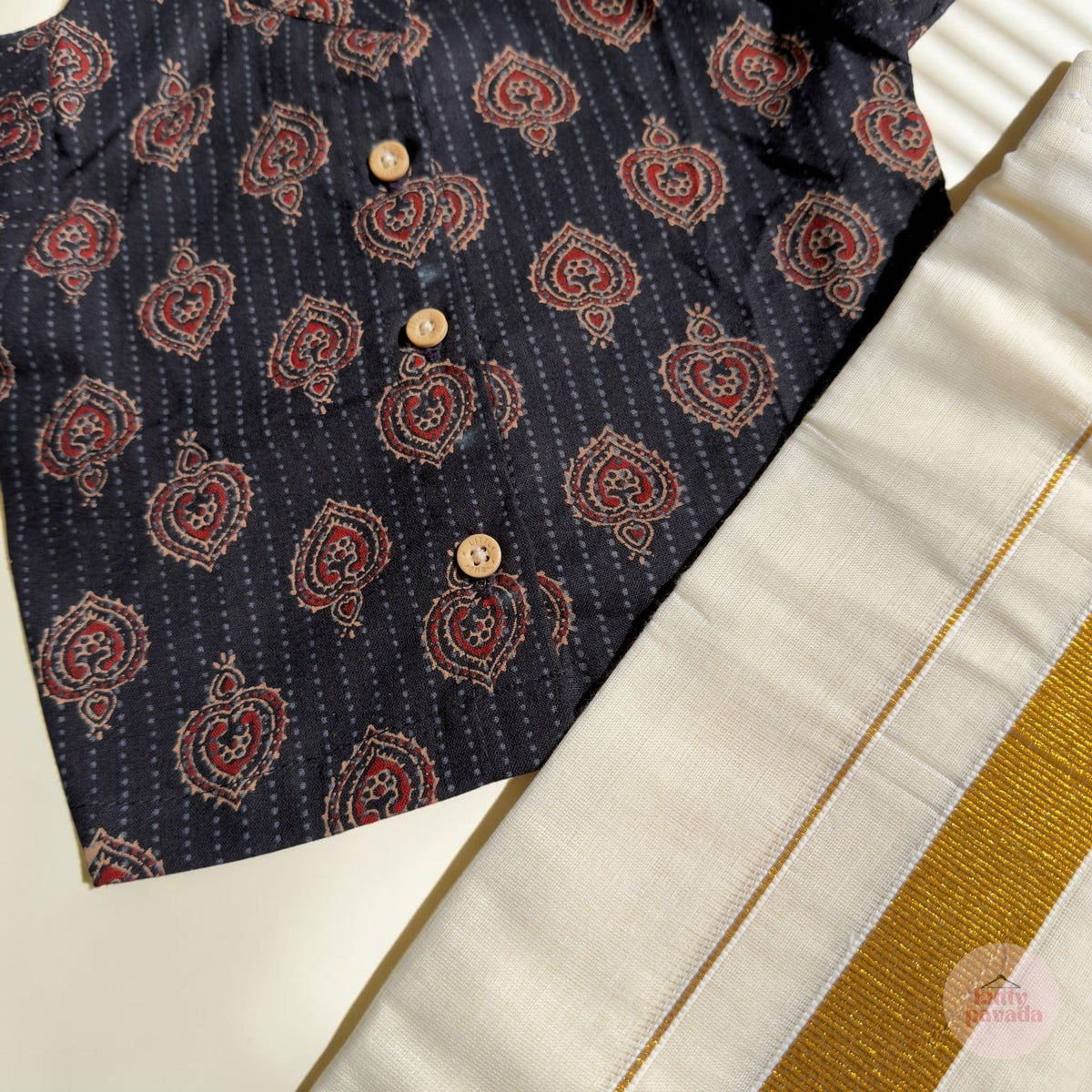 Black Block Print Shirt and Kasavu Mundu Set