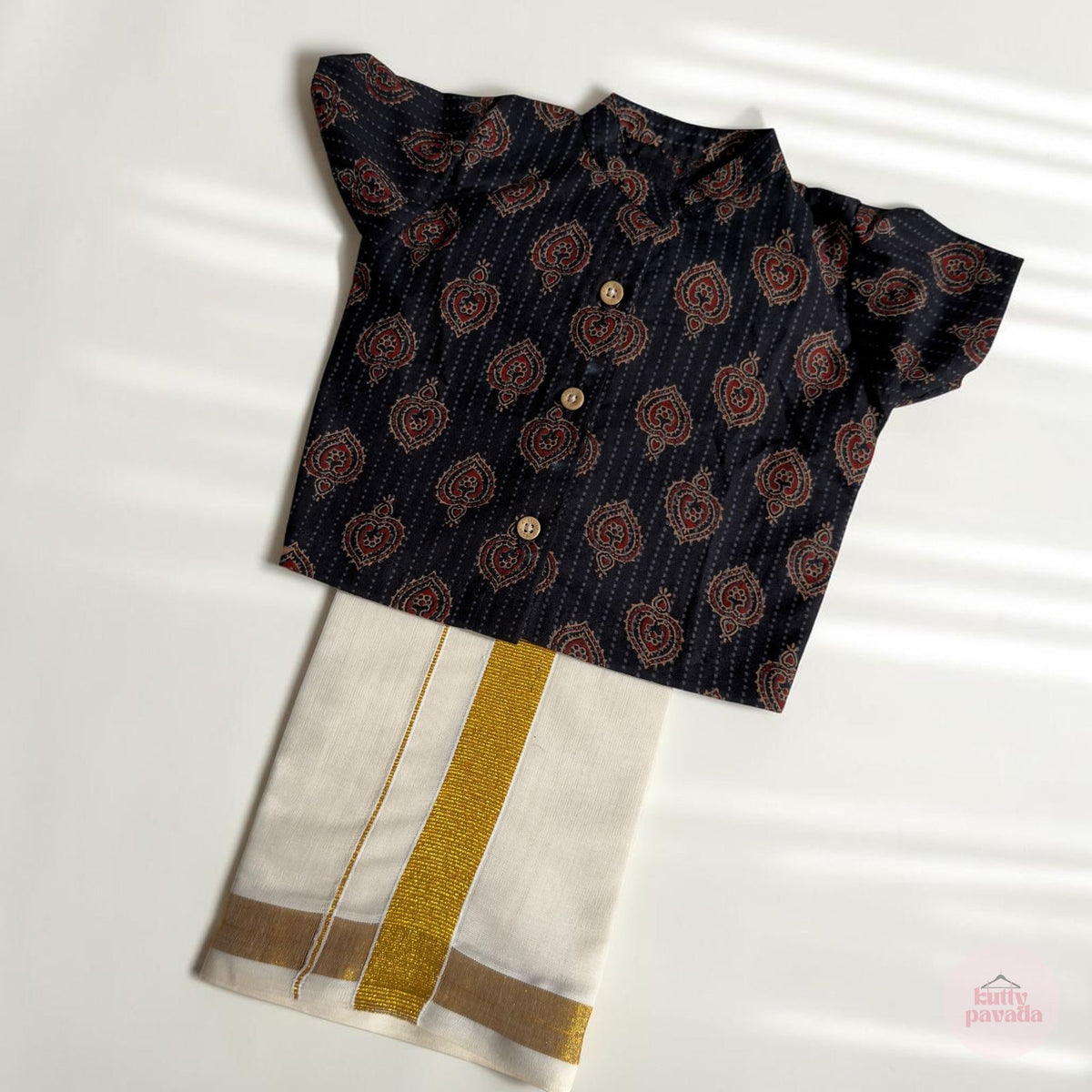 Black Block Print Shirt and Kasavu Mundu Set