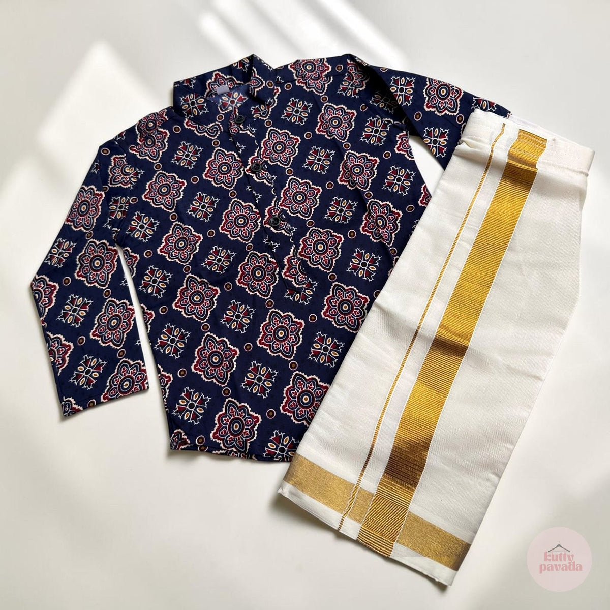 Blue Ajrakh Kurta and Kasavu Mundu Boys Set