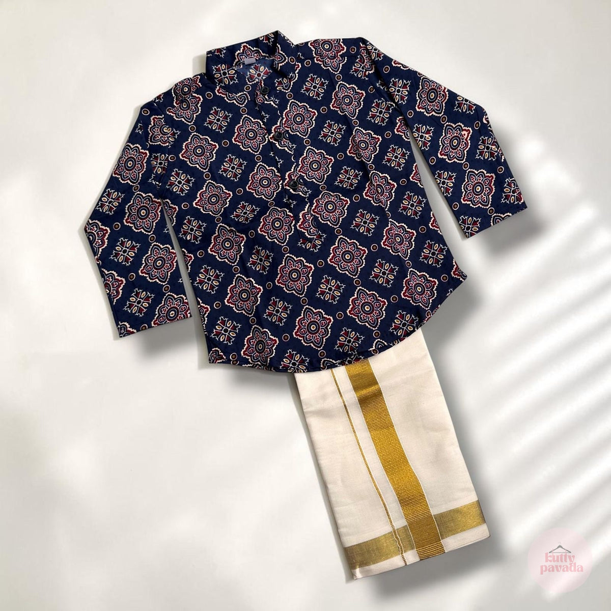 Blue Ajrakh Kurta and Kasavu Mundu Boys Set