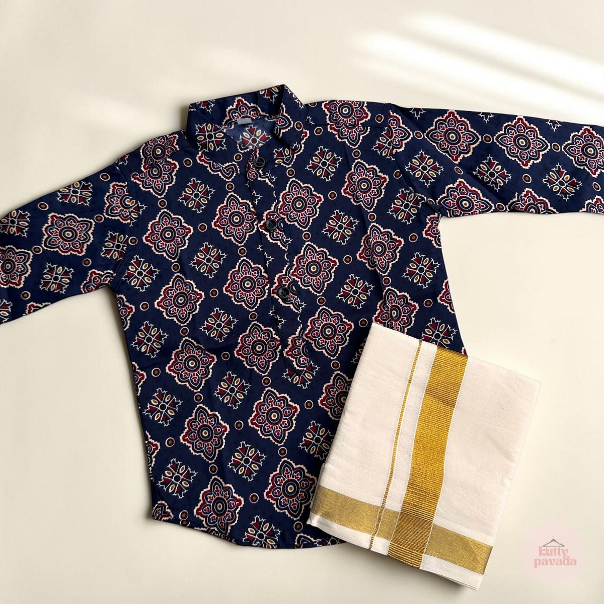Blue Ajrakh Kurta and Kasavu Mundu Boys Set