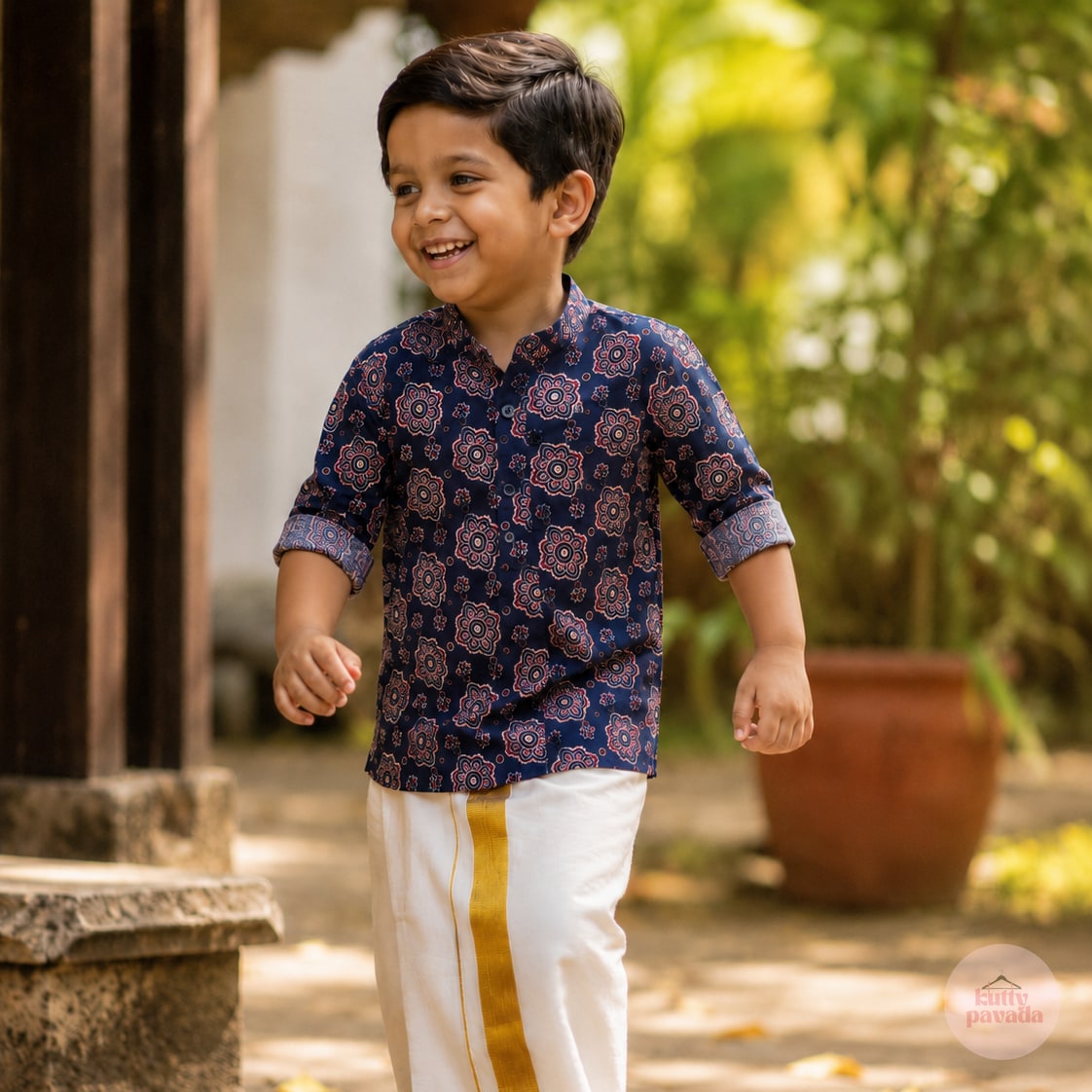 Blue Ajrakh Kurta and Kasavu Mundu Boys Set