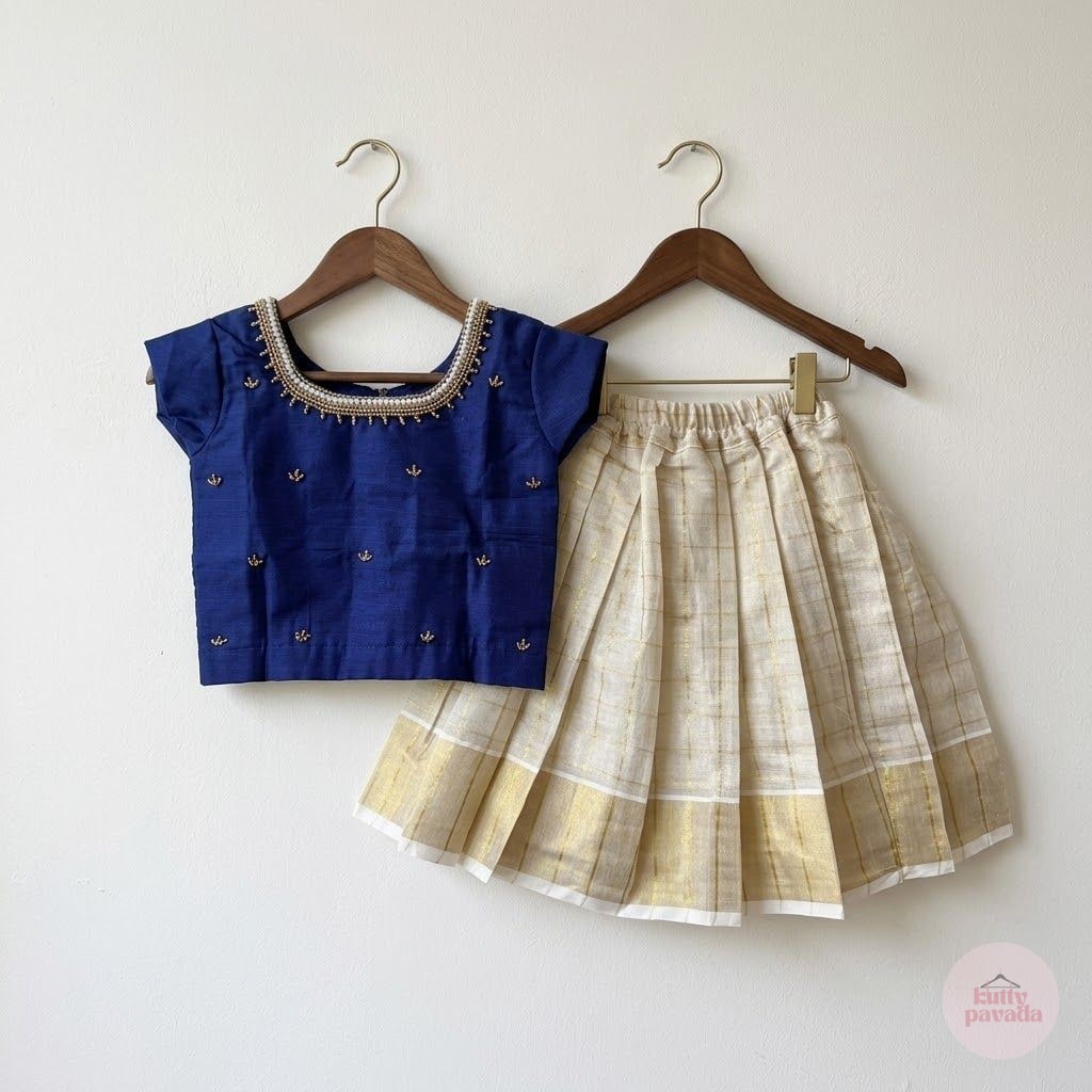 Premium Handwork Blue Blouse with Kasavu Skirt Set