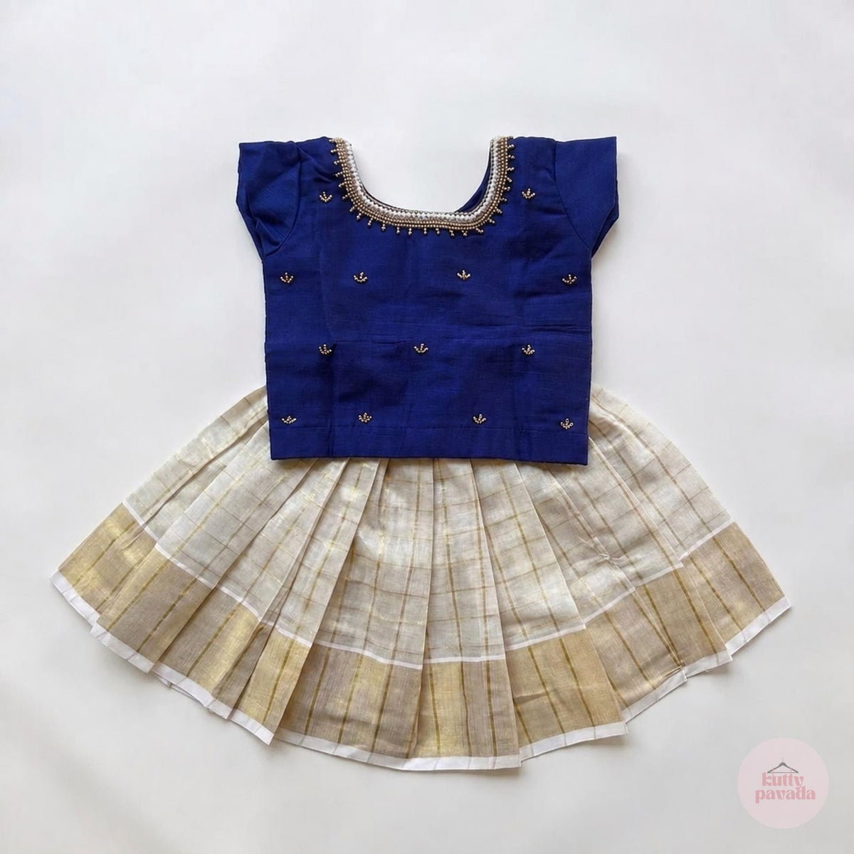 Premium Handwork Blue Blouse with Kasavu Skirt Set