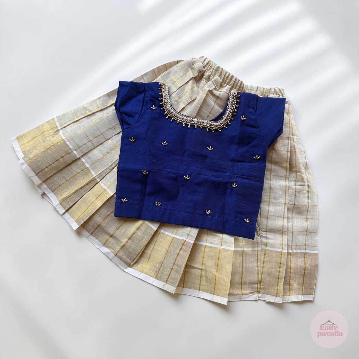 Premium Handwork Blue Blouse with Kasavu Skirt Set