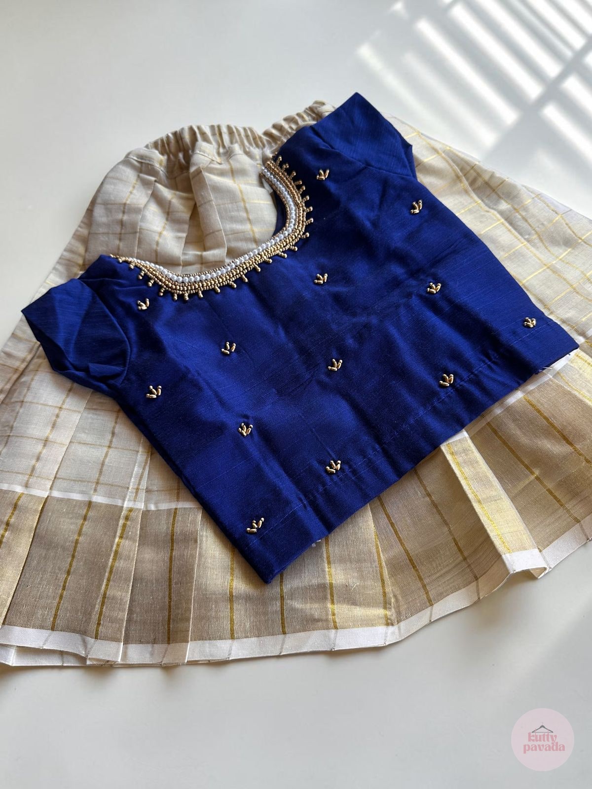 Premium Handwork Blue Blouse with Kasavu Skirt Set