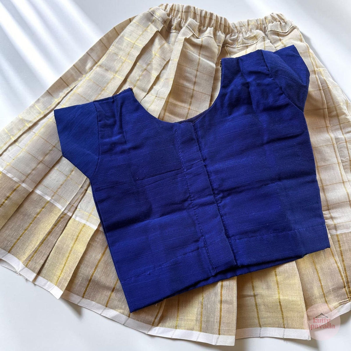 Premium Handwork Blue Blouse with Kasavu Skirt Set