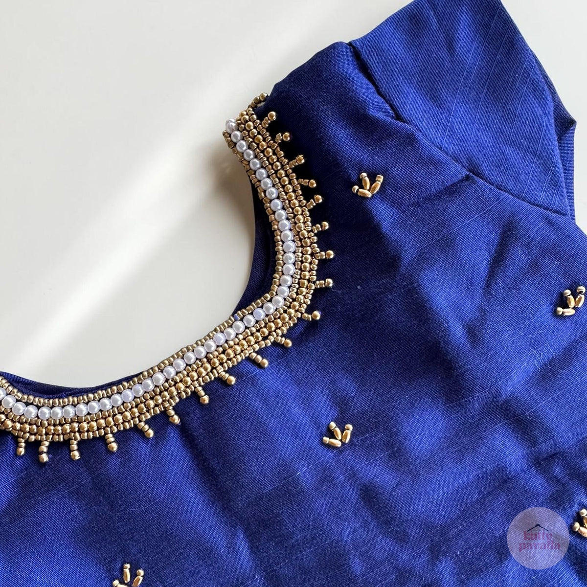Premium Handwork Blue Blouse with Kasavu Skirt Set