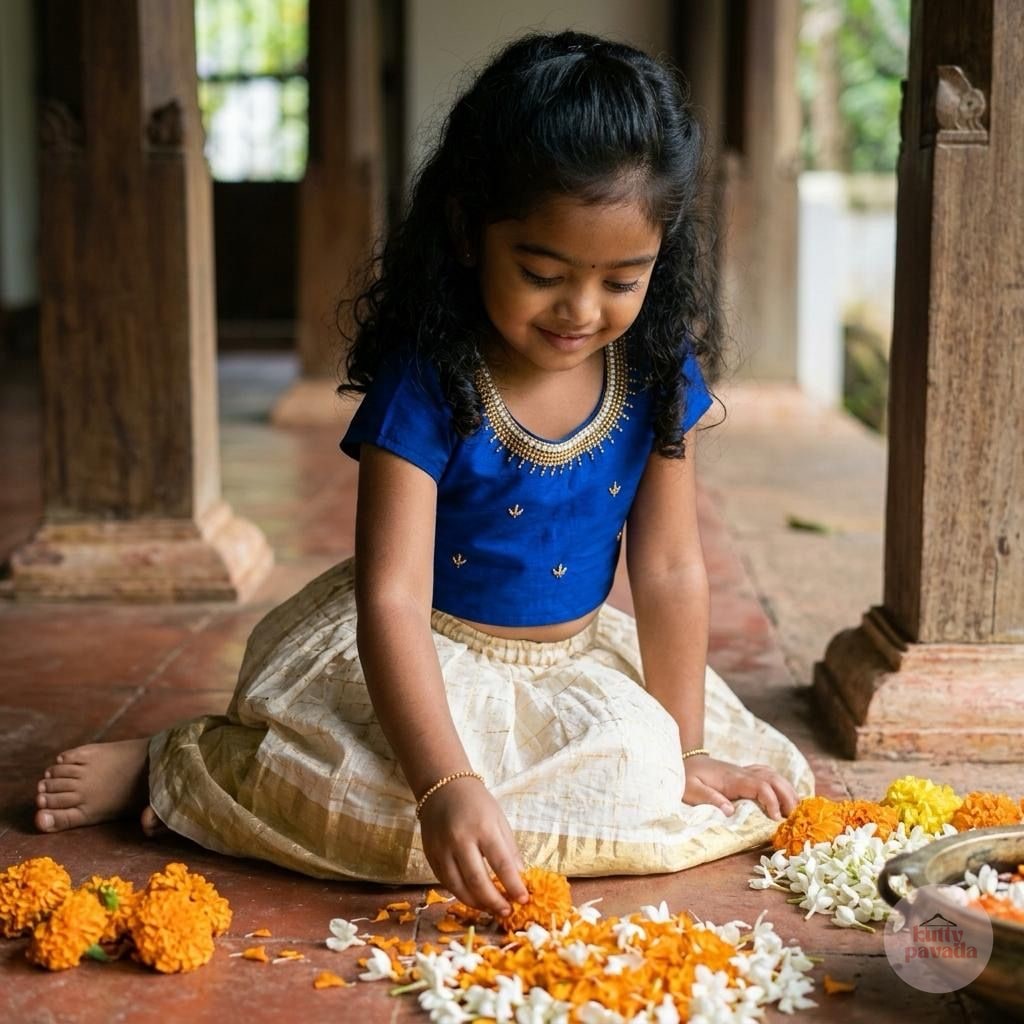 Premium Handwork Blue Blouse with Kasavu Skirt Set