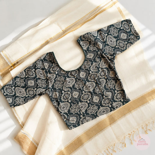 Bottle Green Ajrakh Stretchable Cotton Blouse | Ready-to-Wear Saree Blouse