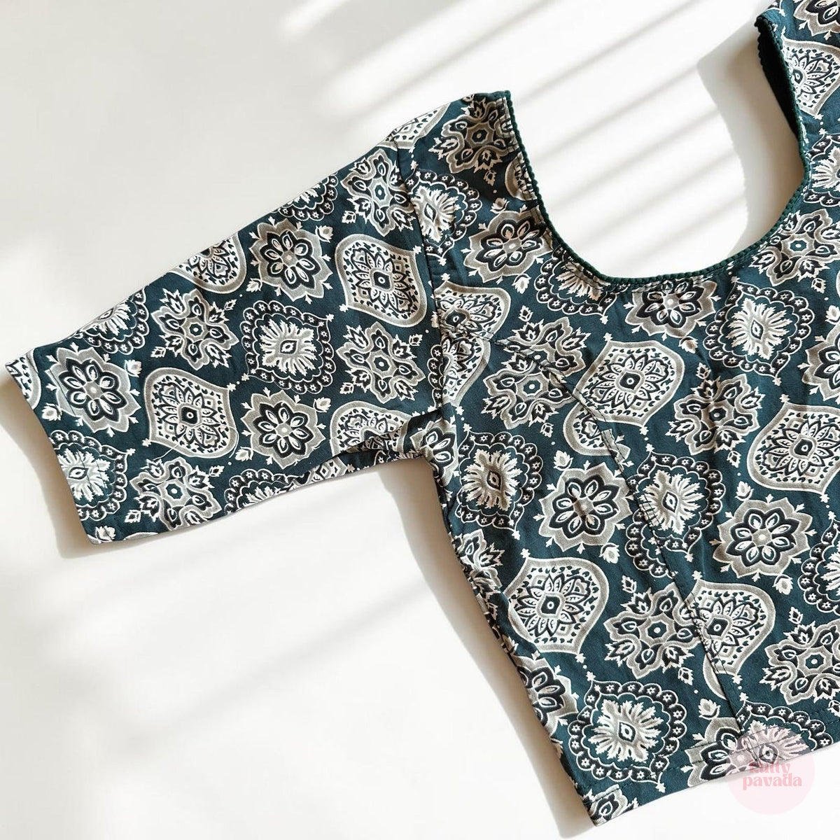 Bottle Green Ajrakh Stretchable Cotton Blouse | Ready-to-Wear Saree Blouse