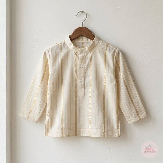 Boys Off-white Cotton Kurta with Golden Stripes