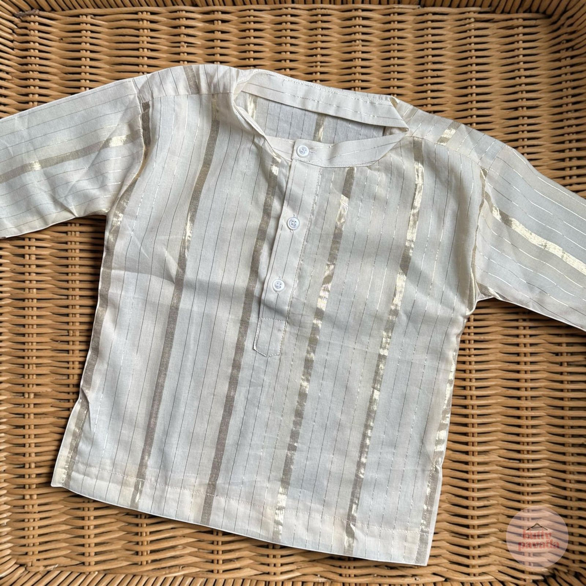 Boys Off-white Cotton Kurta with Golden Stripes